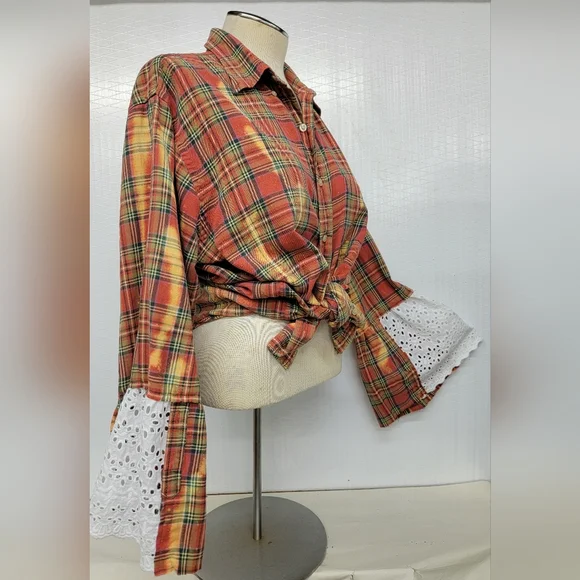 Fleetwood Mac Rock Band Flannel Shirt Jacket Shacket With Bell Sleeves Upcycled - Picture 2 of 11